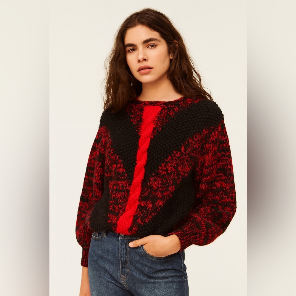 Vintage Heathered Black and Red Cableknit‎ Grandpa Sweater Sz. L